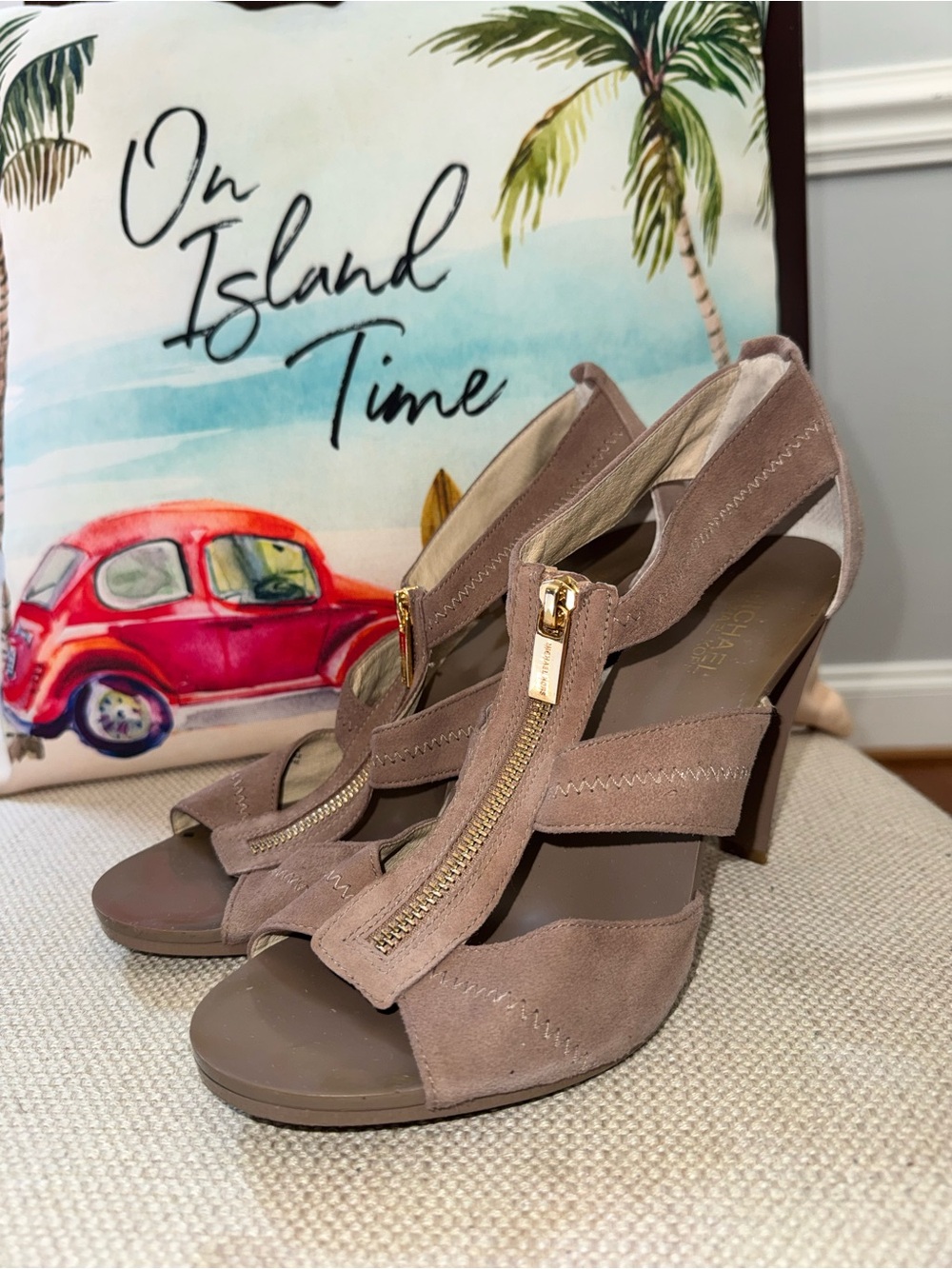 MICHAEL Michael Kors Taupe Suede Zip Front Heeled Sandals
